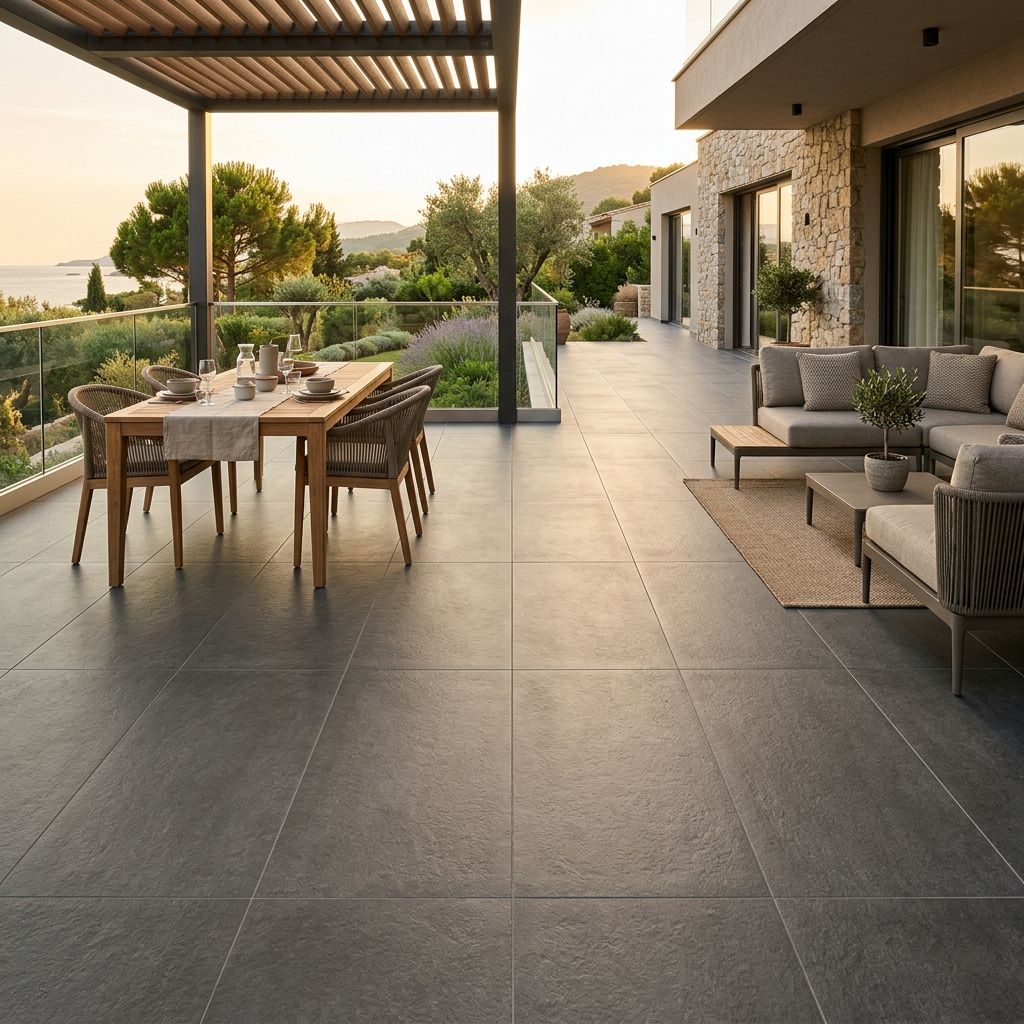 Neu verlegte Terrassenplatten im Außenbereich (Platzhalter-Stockfoto)
