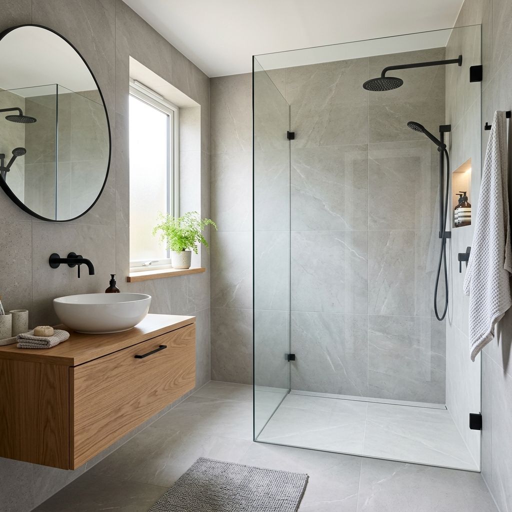 Modern gefliestes Badezimmer mit bodengleicher Dusche (Platzhalter-Stockfoto)
