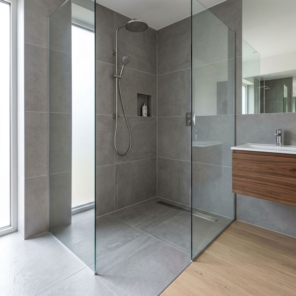 Barrierefreies Bad mit schwellenloser, bodengleicher Dusche (Platzhalter-Stockfoto)